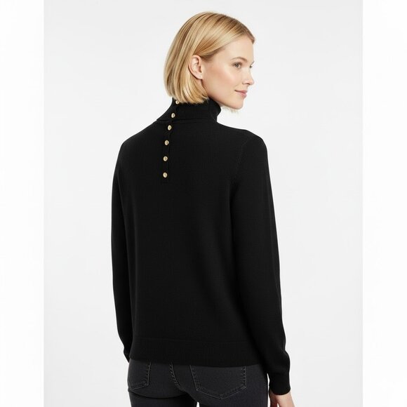 Club Monaco Black Cashmere Turtleneck Sweater Gold Buttons at Back Neck Large - Picture 1 of 9